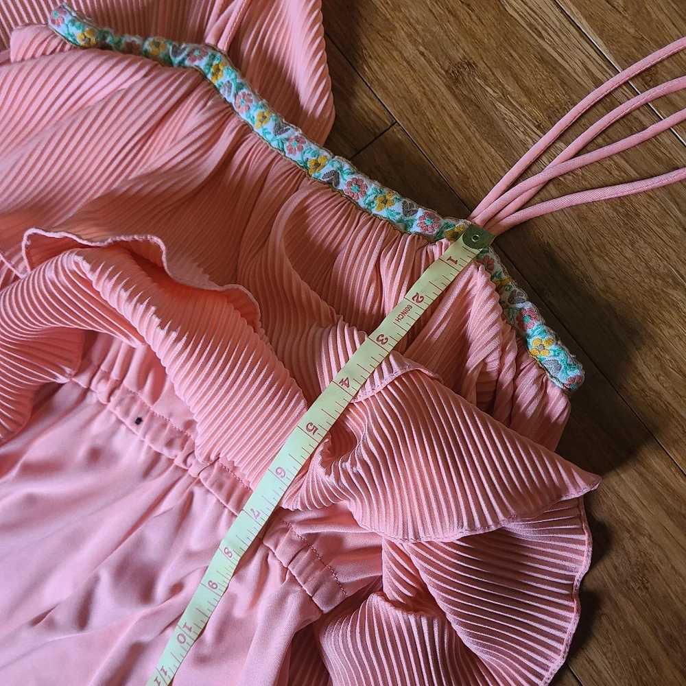 Vintage 70s Peach Pleated Midi Dress Floral Embroidered Trim Boho Prairie - Picture 15 of 16